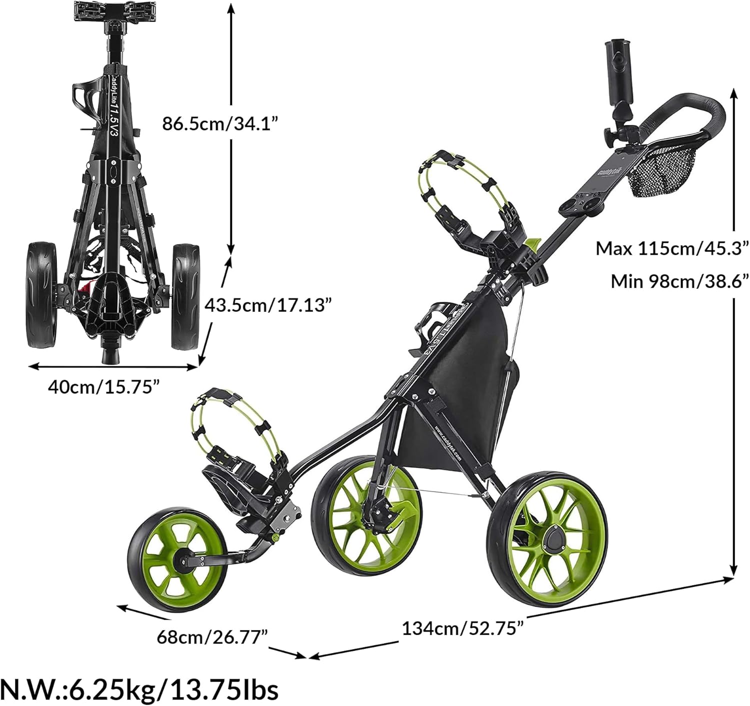 CaddyTek 3 Wheel Golf Push Cart - Lightweight, Close Folding Push Pull Caddy Cart, Easy to Open - CaddyLite 11.5 V3