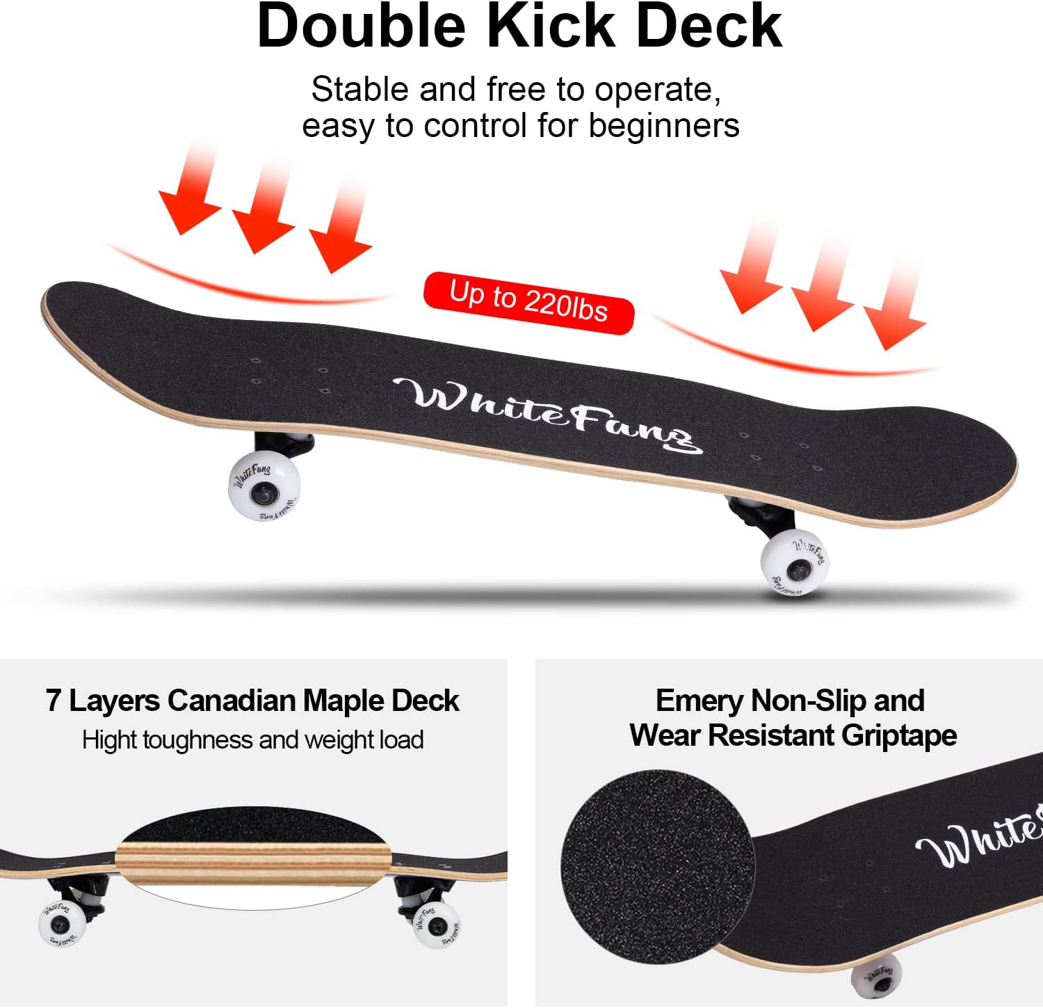 WhiteFang Skateboards for Beginners, Complete Skateboard 31 x 7.88, 7 Layer Canadian Maple Double Kick Concave Standard and Tricks Skateboards for Kids and Beginners
