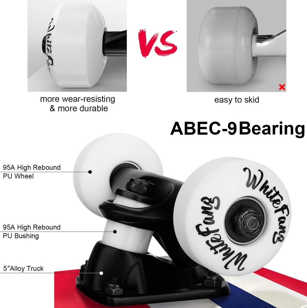 WhiteFang Skateboards for Beginners, Complete Skateboard 31 x 7.88, 7 Layer Canadian Maple Double Kick Concave Standard and Tricks Skateboards for Kids and Beginners