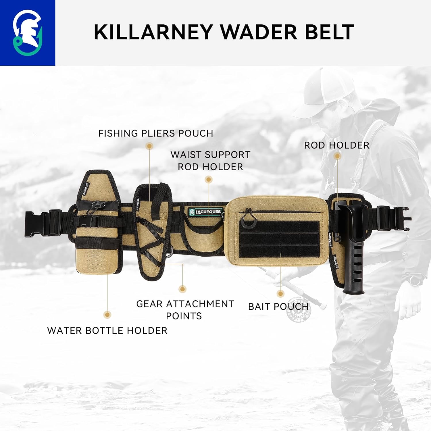 Professional Fishing Belt set Wade Tackle Belt Kit–Detachable Bait/Pliers Pouches, Rod Holder, Insulated Cup Pocket, Multi-Hook Design