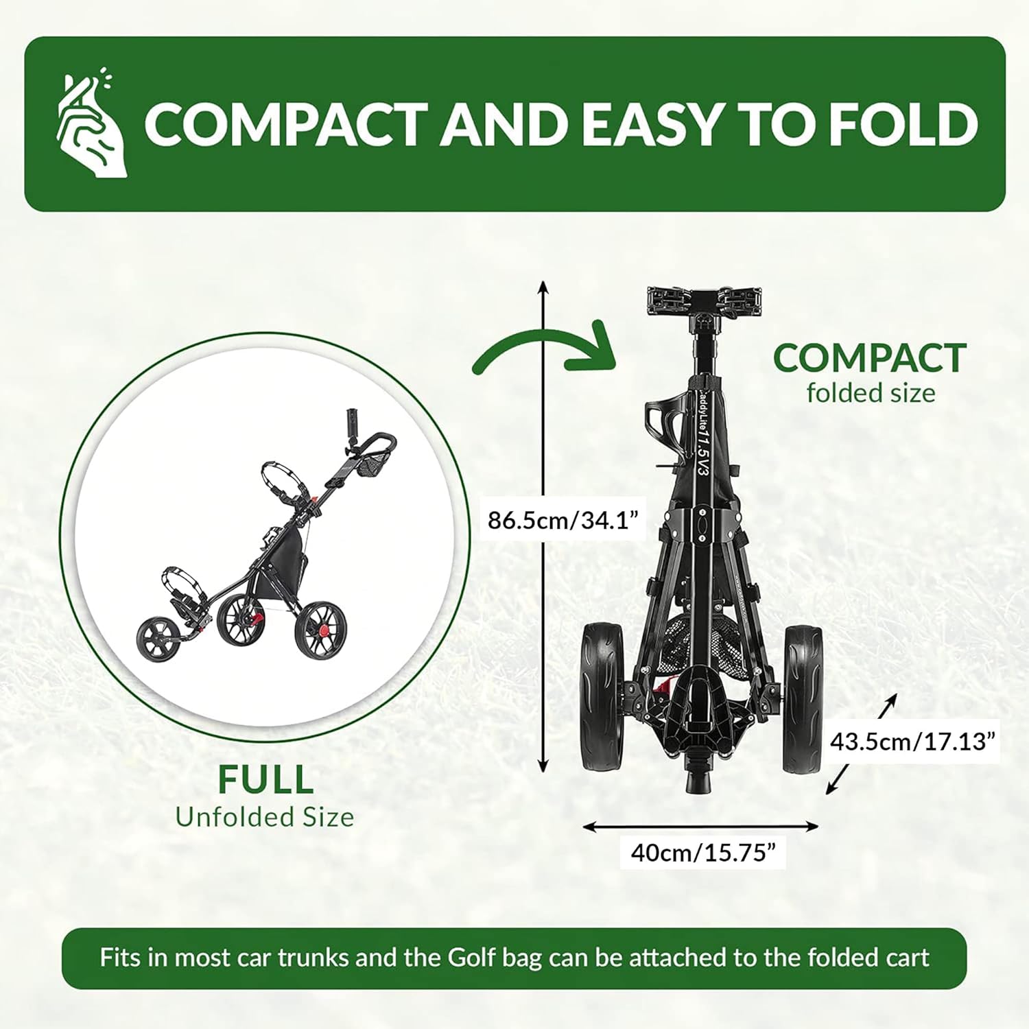 CaddyTek 3 Wheel Golf Push Cart - Lightweight, Close Folding Push Pull Caddy Cart, Easy to Open - CaddyLite 11.5 V3