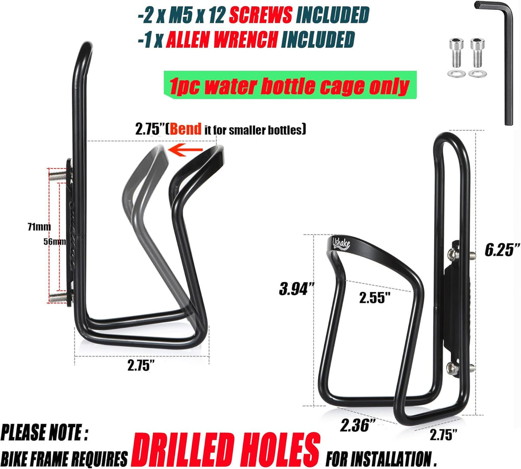 USHAKE Water Bottle Cages, Basic MTB Bike Bicycle Alloy Aluminum Lightweight Water Bottle Holder Cages Brackets(2 Pack- Drilled Holes Required)