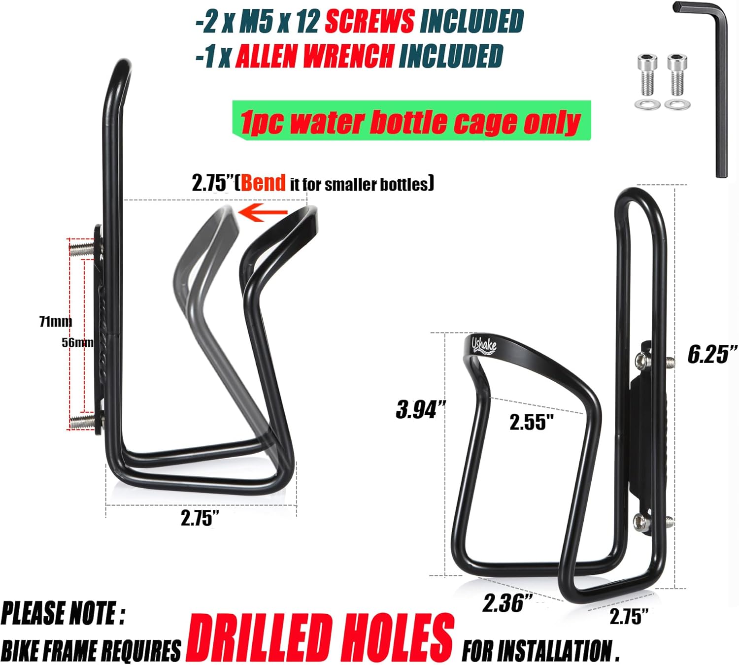 USHAKE Water Bottle Cages, Basic MTB Bike Bicycle Alloy Aluminum Lightweight Water Bottle Holder Cages Brackets(2 Pack- Drilled Holes Required)