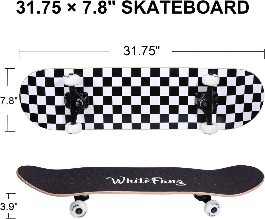 WhiteFang Skateboards for Beginners, Complete Skateboard 31 x 7.88, 7 Layer Canadian Maple Double Kick Concave Standard and Tricks Skateboards for Kids and Beginners