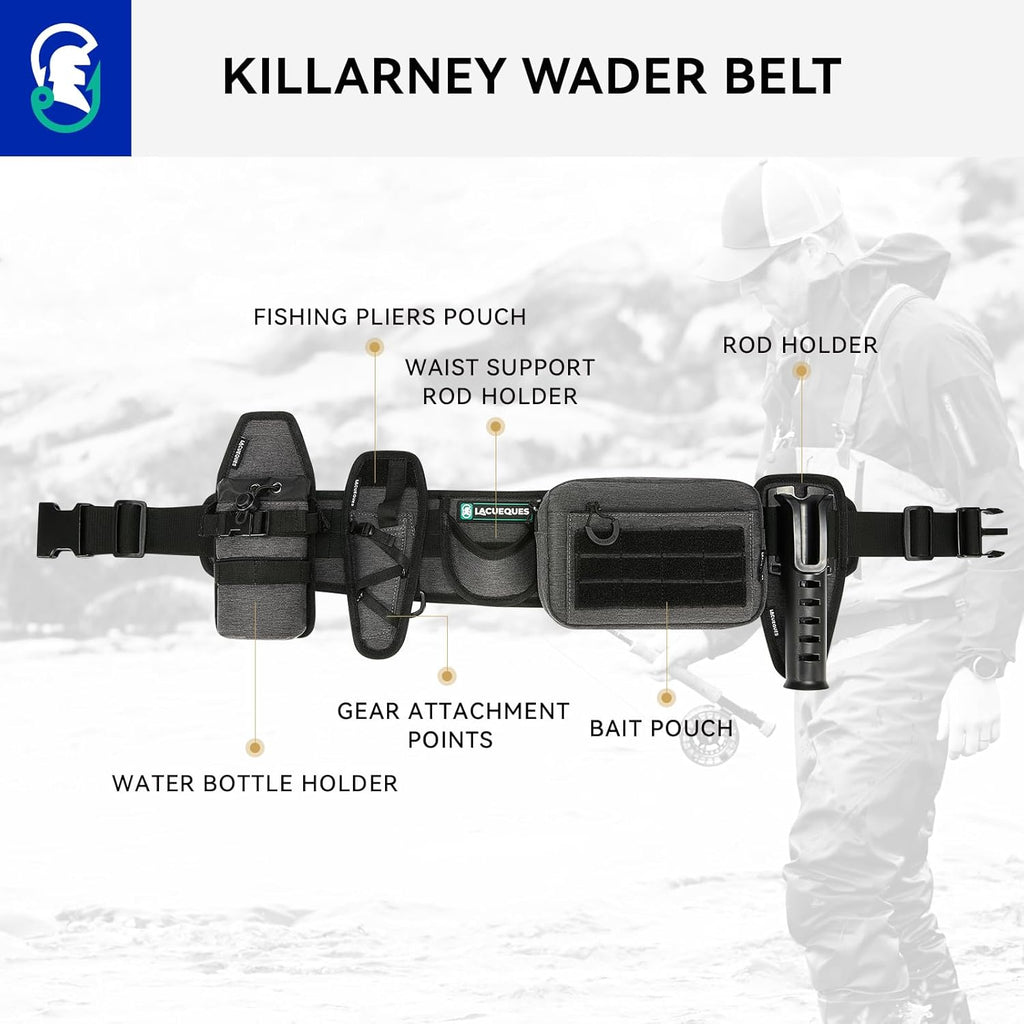 Professional Fishing Belt set Wade Tackle Belt Kit–Detachable Bait/Pliers Pouches, Rod Holder, Insulated Cup Pocket, Multi-Hook Design