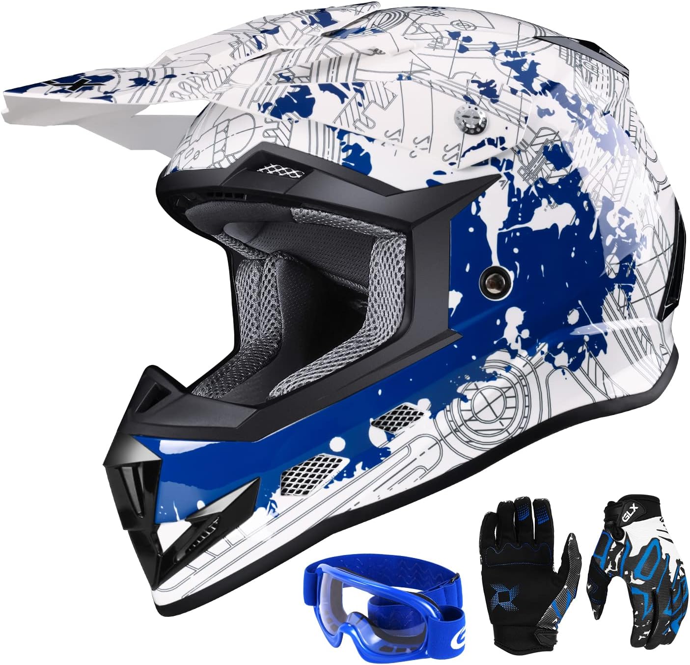 GLX GX623 Youth ATV/Dirt Bike Helmet Combo - Matte Black, Large - DOT