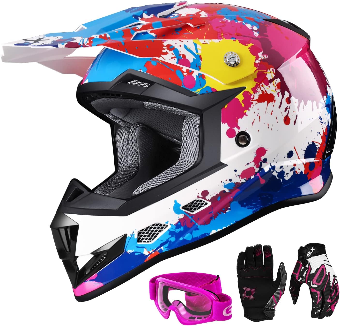 GLX GX623 Youth ATV/Dirt Bike Helmet Combo - Matte Black, Large - DOT