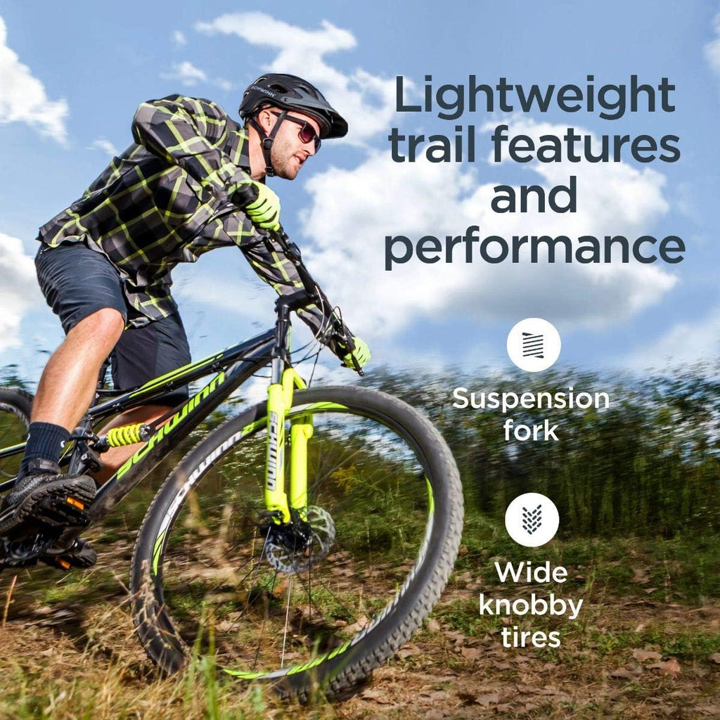 Schwinn Traxion Mountain Bike for Adult Men Women, 29-Inch Wheels, Full Suspension, 24-Speed Shimano Drivetrain, Trigger Shifter, 18-Inch Aluminum Frame, Mechanical Disc Brake, Matte Grey/Neon Green