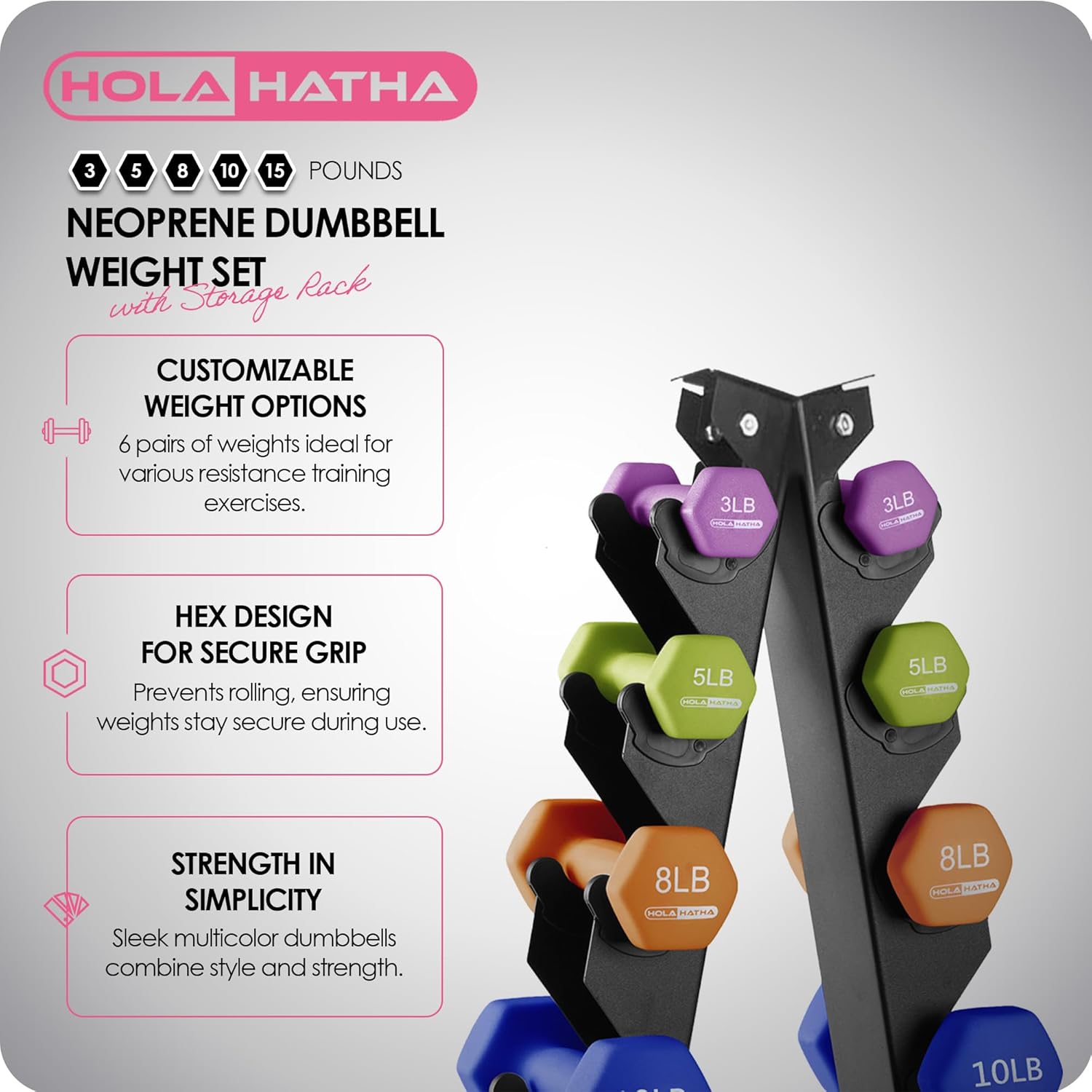 HolaHatha Neoprene Dumbbell Free Hand Weight Set with Rack, Ideal for Home Exercises to Gain Tone and Definition