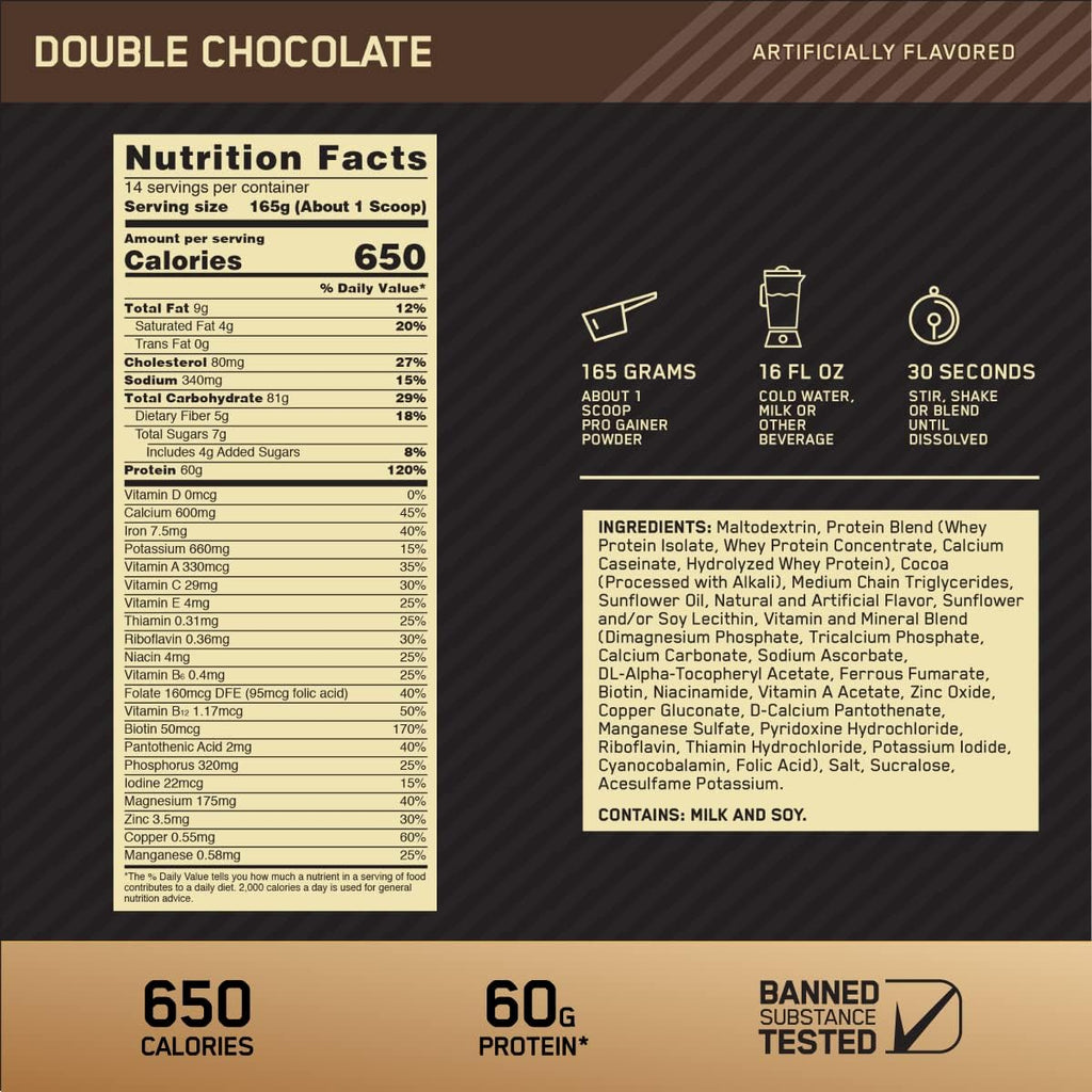 Optimum Nutrition Gold Standard Pro Gainer, Weight Gainer Protein Powder, Double Chocolate, 10.19 Pounds (Packaging May Vary)