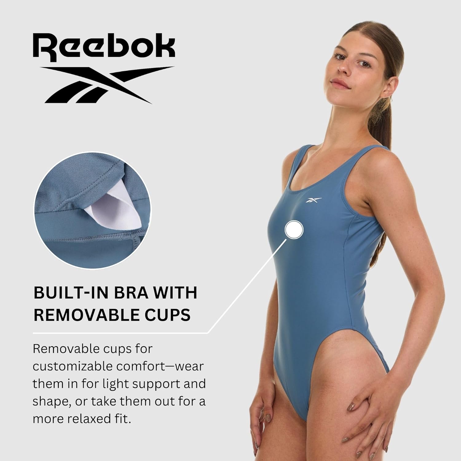 Reebok One Piece Swimsuit Women, Scoop Back High Cut Womens Bathing Suits One Piece, Ladies Athletic Backless Swim Suit