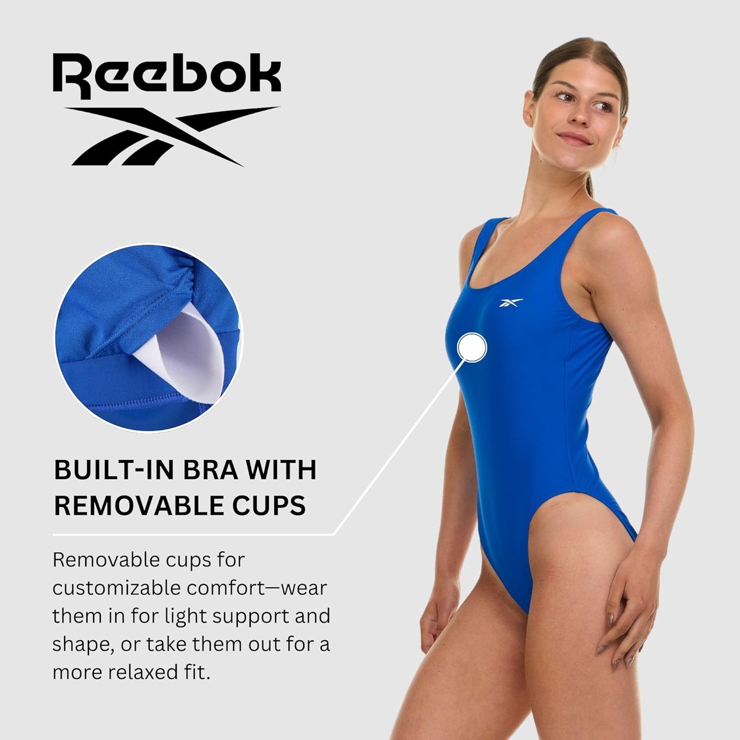 Reebok One Piece Swimsuit Women, Scoop Back High Cut Womens Bathing Suits One Piece, Ladies Athletic Backless Swim Suit