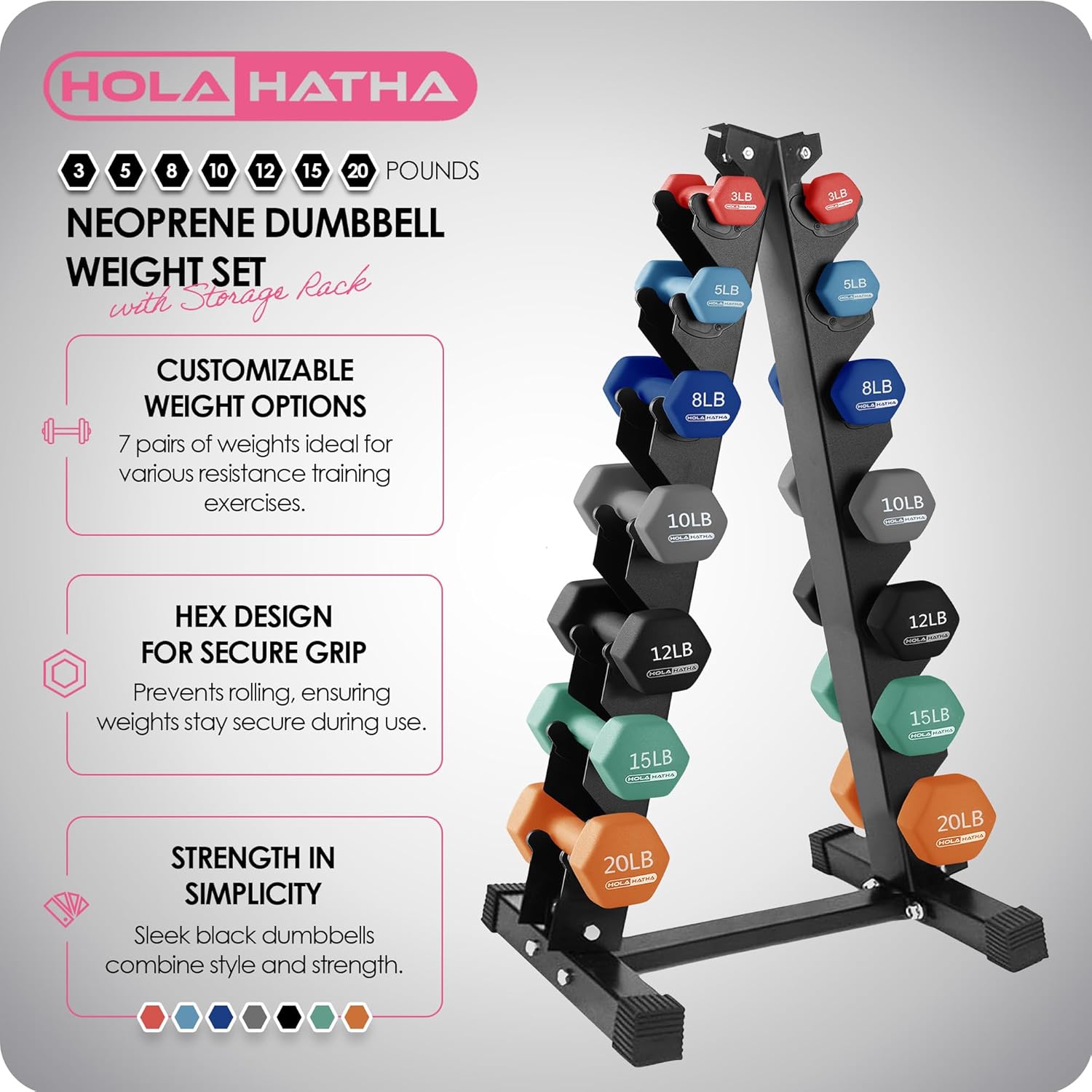 HolaHatha Neoprene Dumbbell Free Hand Weight Set with Rack, Ideal for Home Exercises to Gain Tone and Definition
