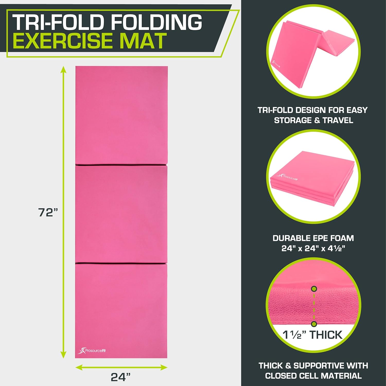 ProsourceFit Tri-Fold Folding Exercise Mat - Pink