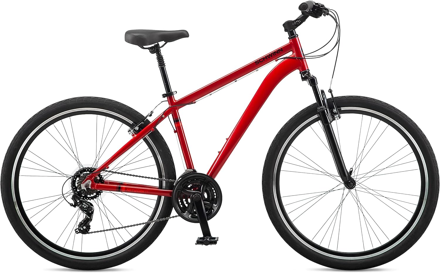 Schwinn Network 1 Hybrid Bike, 700c Mens and Womens Bike, 21-Speed Hybrid Bicycle, Aluminum Frame, Suspension Fork, Alloy Linear Pull Brakes, Adult Bicycle