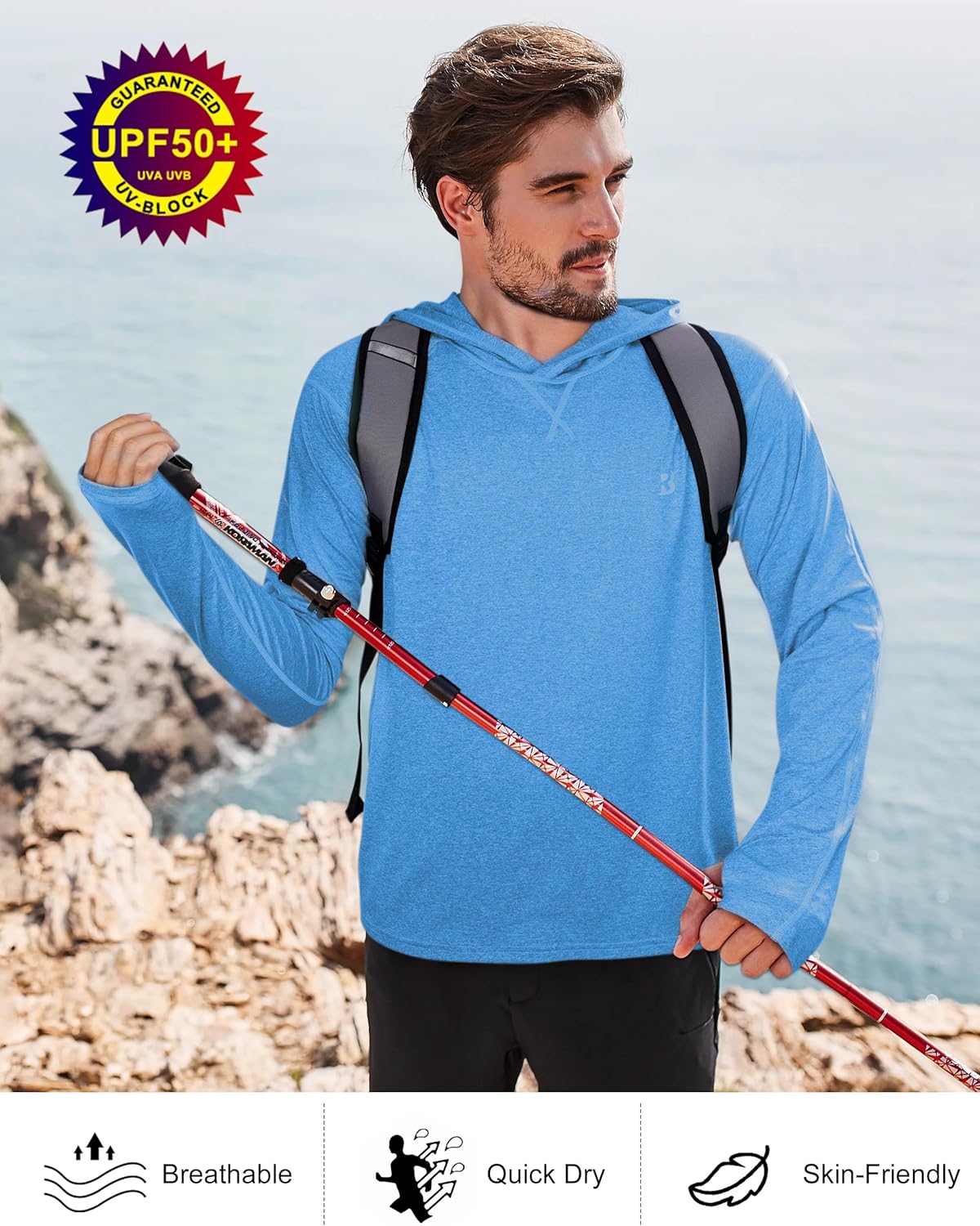 Roadbox Mens UPF 50+ Fishing Shirts, Long Sleeve UV Sun Hoodie, Hiking Running Swim Athletic Workout Shirt