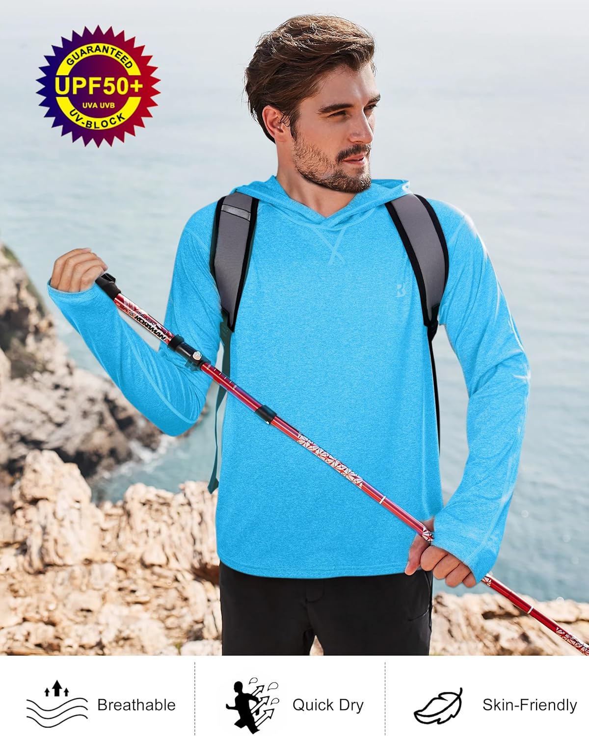 Roadbox Mens UPF 50+ Fishing Shirts, Long Sleeve UV Sun Hoodie, Hiking Running Swim Athletic Workout Shirt