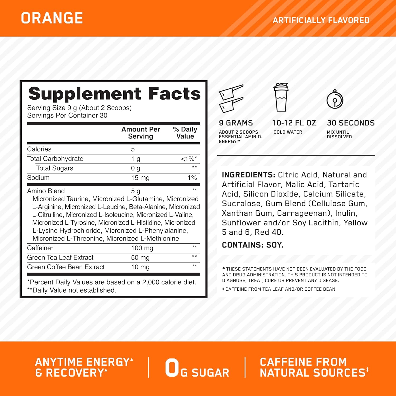 Optimum Nutrition Amino Energy - Pre Workout with Green Tea, BCAA, Amino Acids, Keto Friendly, Green Coffee Extract, Energy Powder - Orange Cooler, 65 Servings (Packaging May Vary)