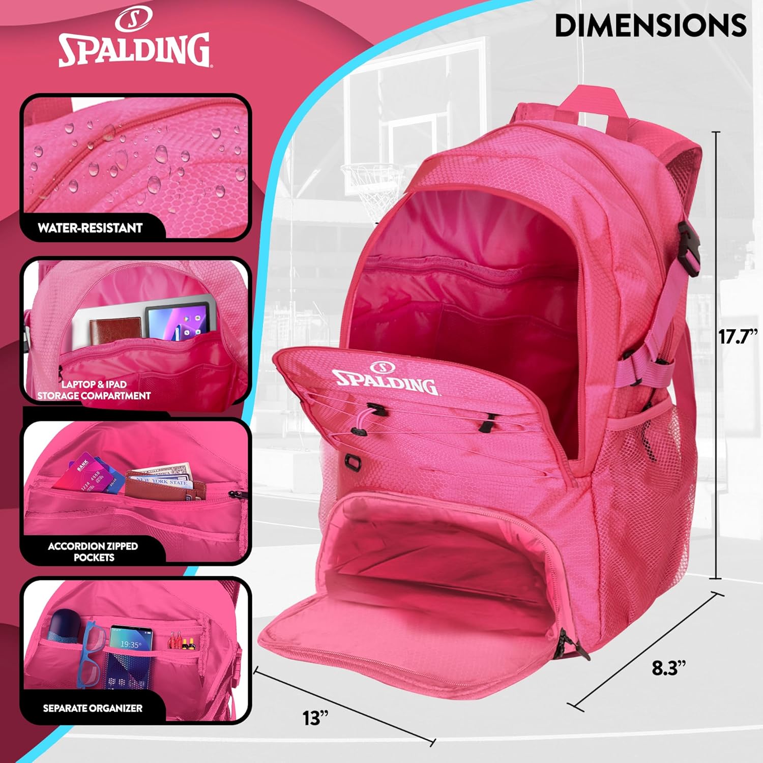 Spalding Basketball Backpack - Black Sports Bag with Ball & Shoe Compartment, Basketball Accessories Bag