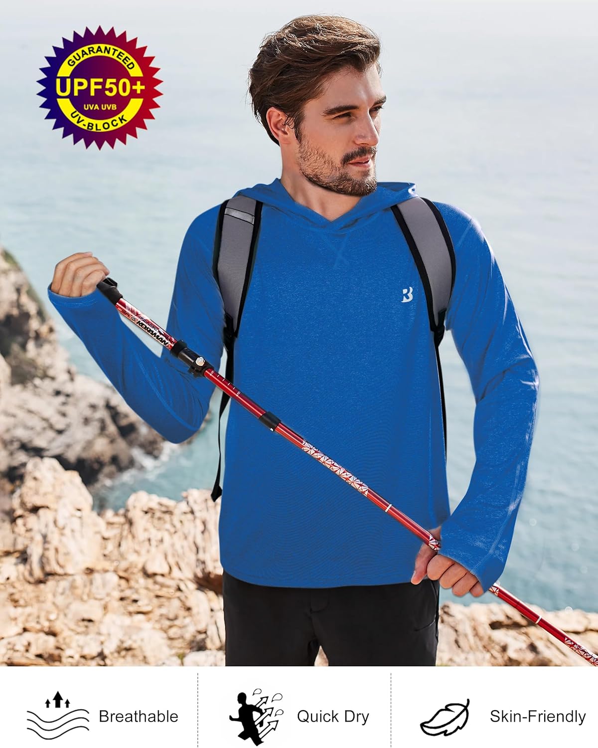 Roadbox Mens UPF 50+ Fishing Shirts, Long Sleeve UV Sun Hoodie, Hiking Running Swim Athletic Workout Shirt