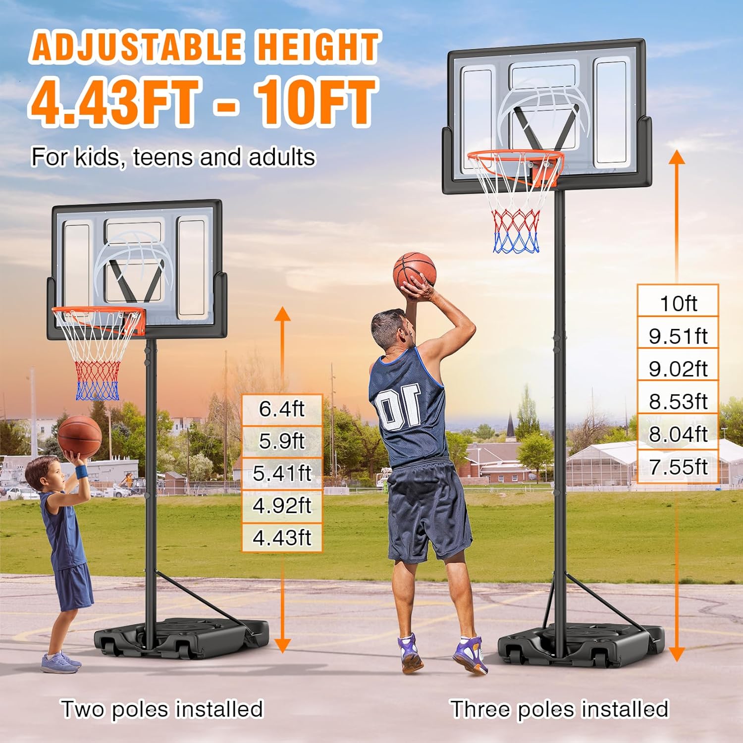 Basketball Hoop Outdoor 10ft Adjustable, Portable Basketball Hoop Goal System for Kids Youth and Adults in Backyard/Driveway/Indoor, 44 Inch Shatterproof Backboard and Larger Base