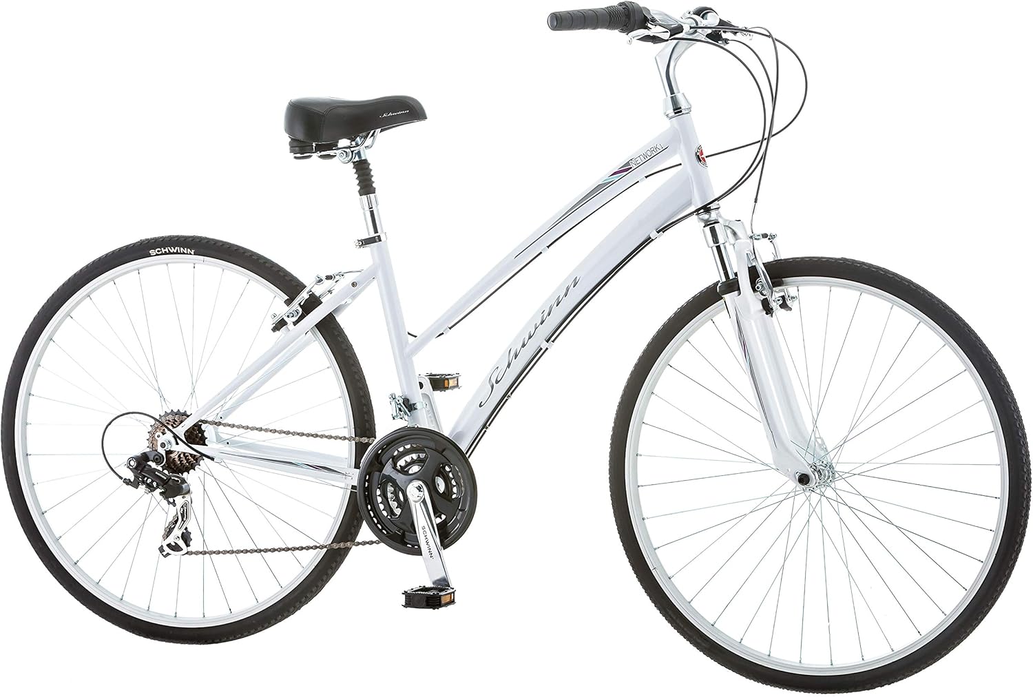 Schwinn Network 1 Hybrid Bike, 700c Mens and Womens Bike, 21-Speed Hybrid Bicycle, Aluminum Frame, Suspension Fork, Alloy Linear Pull Brakes, Adult Bicycle