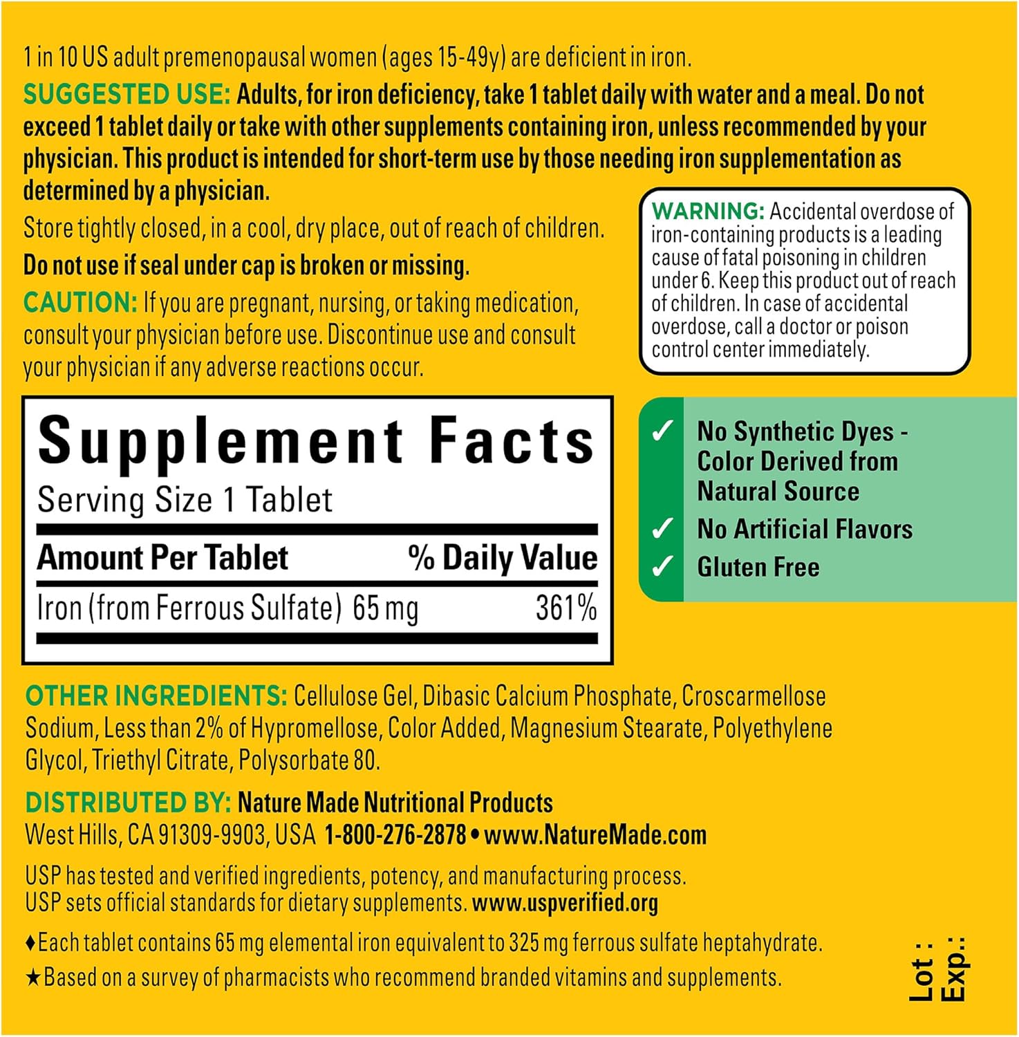 Nature Made Iron 65 mg (325 mg Ferrous Sulfate) Tablets, Dietary Supplement for Red Blood Cell Support, 180 Tablets, 180 Day Supply