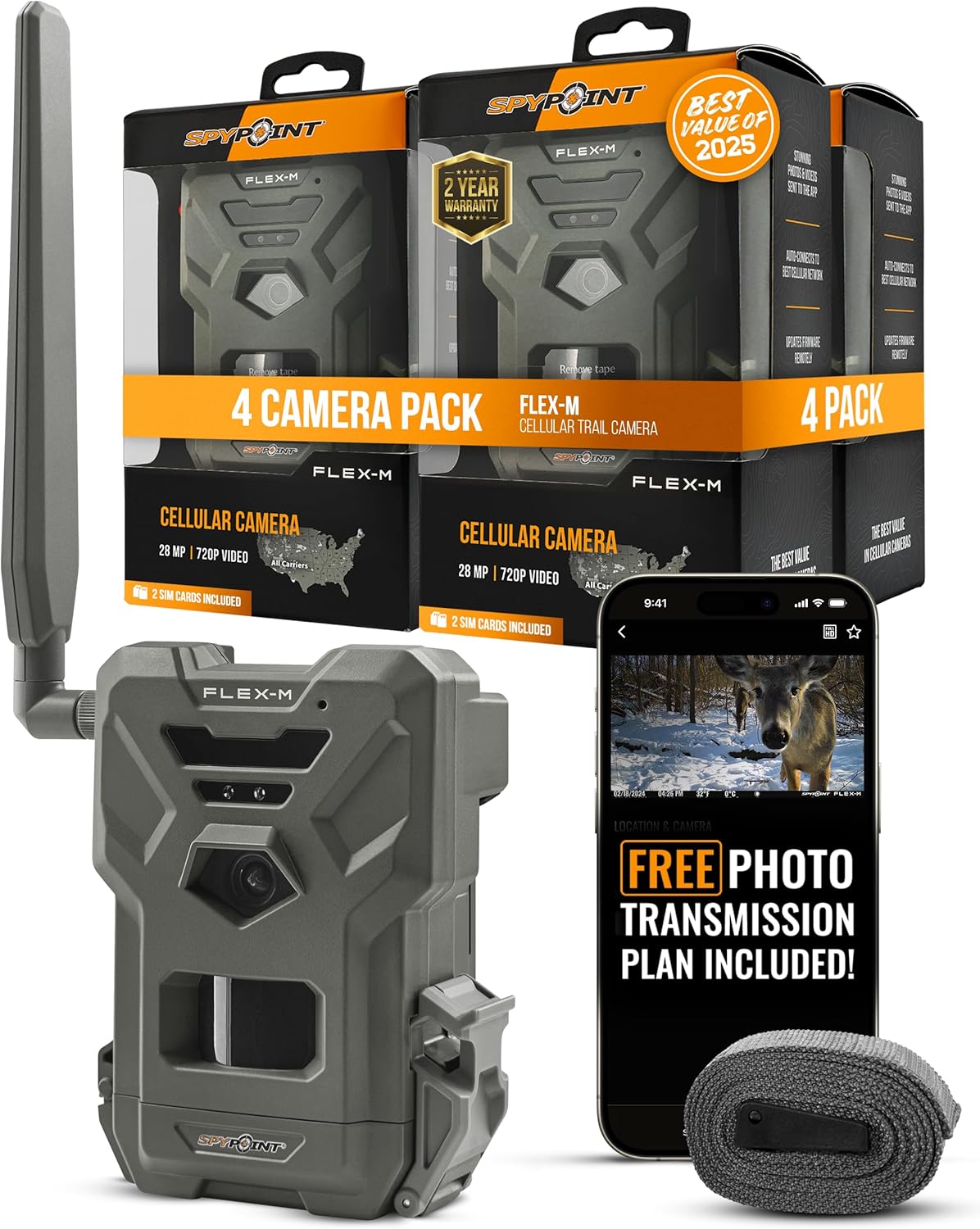 SPYPOINT Flex-M Twin Pack Cellular Trail Cameras - Best Hunting Accessories, No WiFi Needed, GPS, Night Vision, Dual-Sim LTE, IP65 Water-Resistant Game Camera, 28MP Photos, 720p Videos + Sound (2)