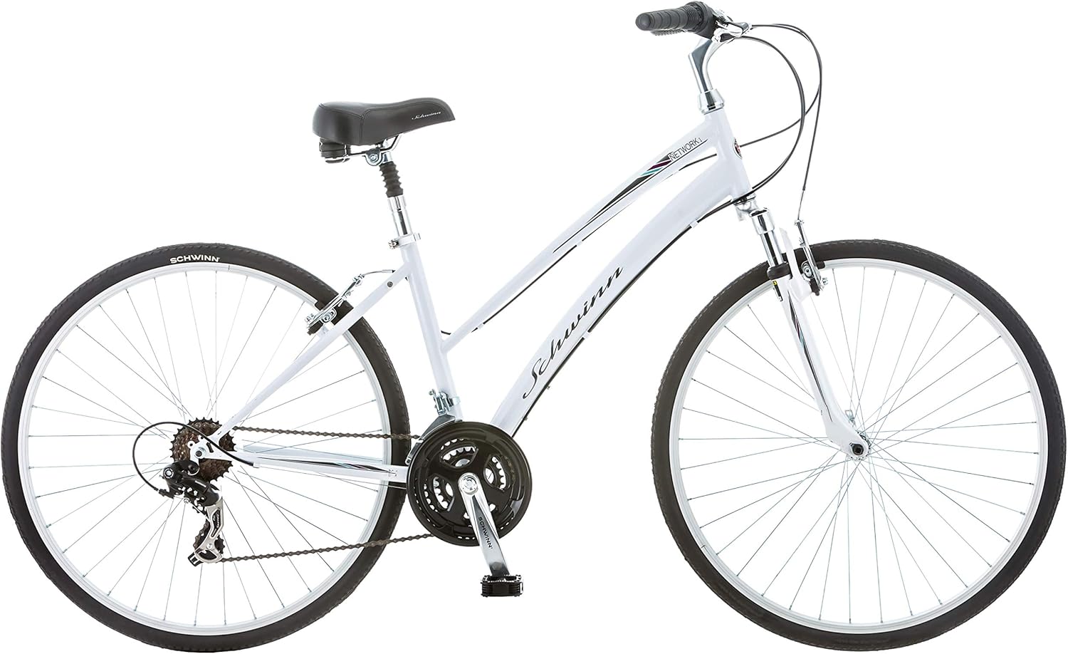 Schwinn Network 1 Hybrid Bike, 700c Mens and Womens Bike, 21-Speed Hybrid Bicycle, Aluminum Frame, Suspension Fork, Alloy Linear Pull Brakes, Adult Bicycle