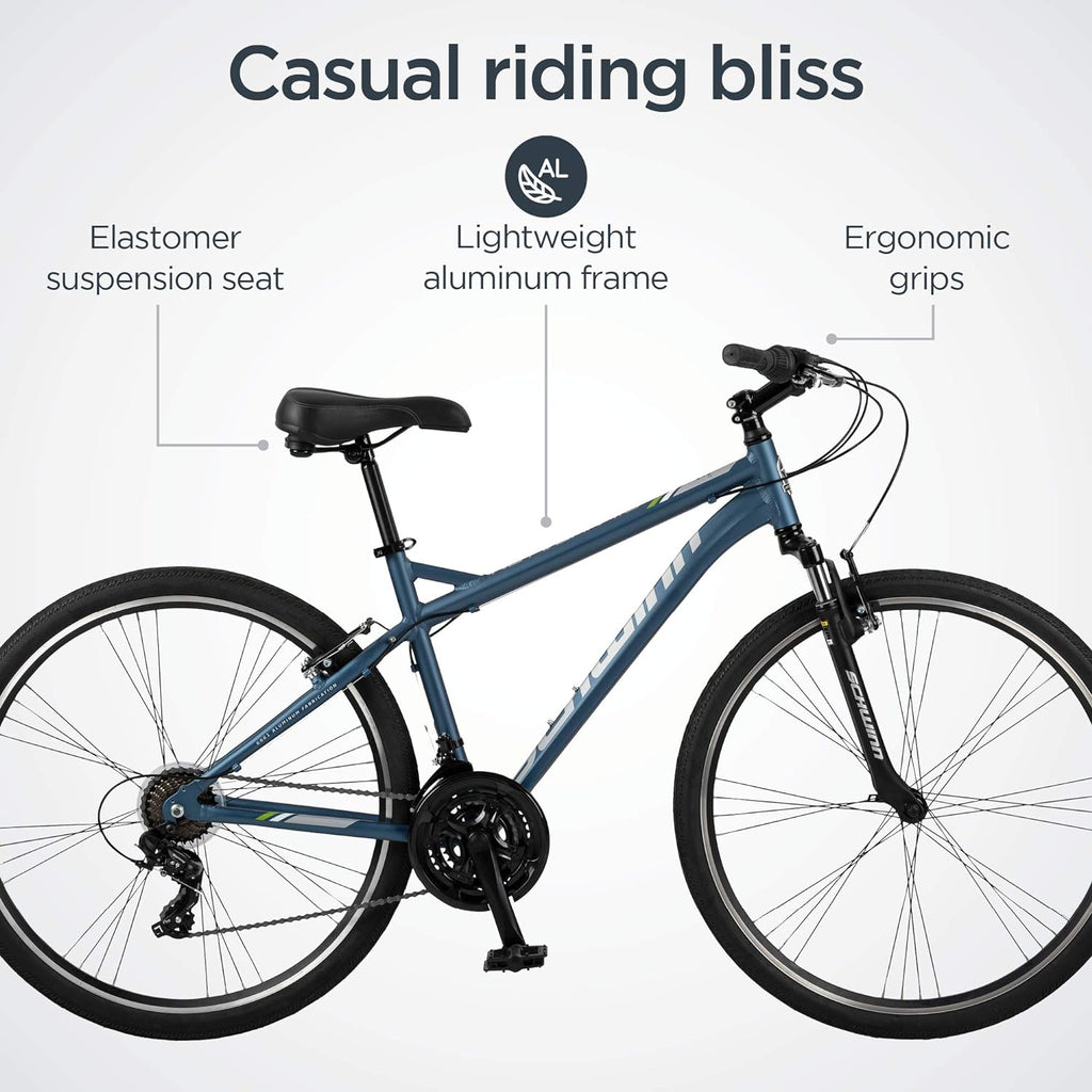 Schwinn Network 1 Hybrid Bike, 700c Mens and Womens Bike, 21-Speed Hybrid Bicycle, Aluminum Frame, Suspension Fork, Alloy Linear Pull Brakes, Adult Bicycle