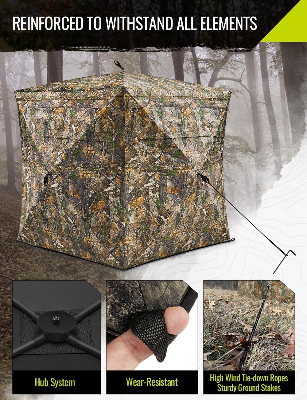 TIDEWE Hunting Blind 270°See Through with Carrying Bag, 1-2& 2-3& 3-4 Person Pop Up Ground Blinds, Portable Resilient Hunting Tent (Camouflage)