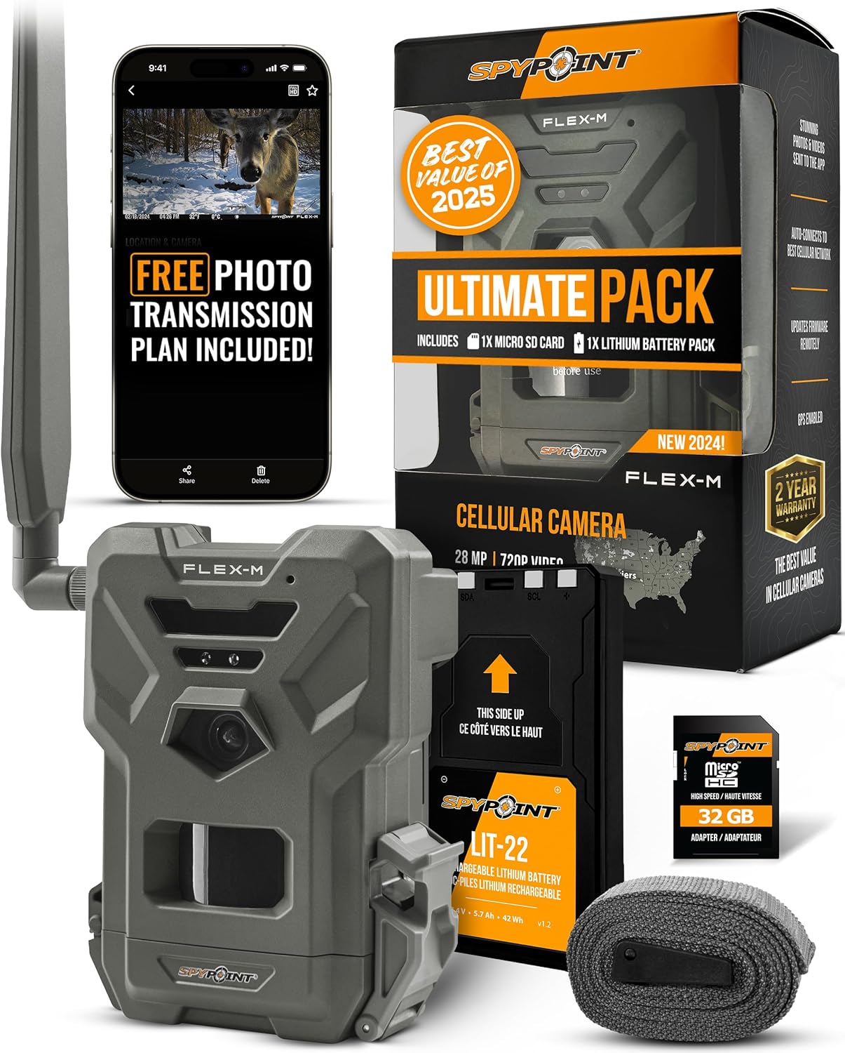 SPYPOINT Flex-M Twin Pack Cellular Trail Cameras - Best Hunting Accessories, No WiFi Needed, GPS, Night Vision, Dual-Sim LTE, IP65 Water-Resistant Game Camera, 28MP Photos, 720p Videos + Sound (2)