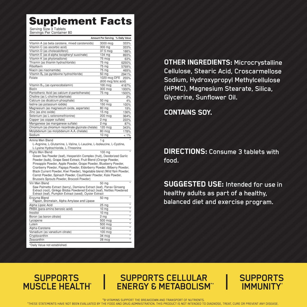 Optimum Nutrition Opti-Men Daily Multivitamin for Men, Immune Support Supplement with Amino Acids, 80 Day Supply, 240 Count, (Packaging May Vary)