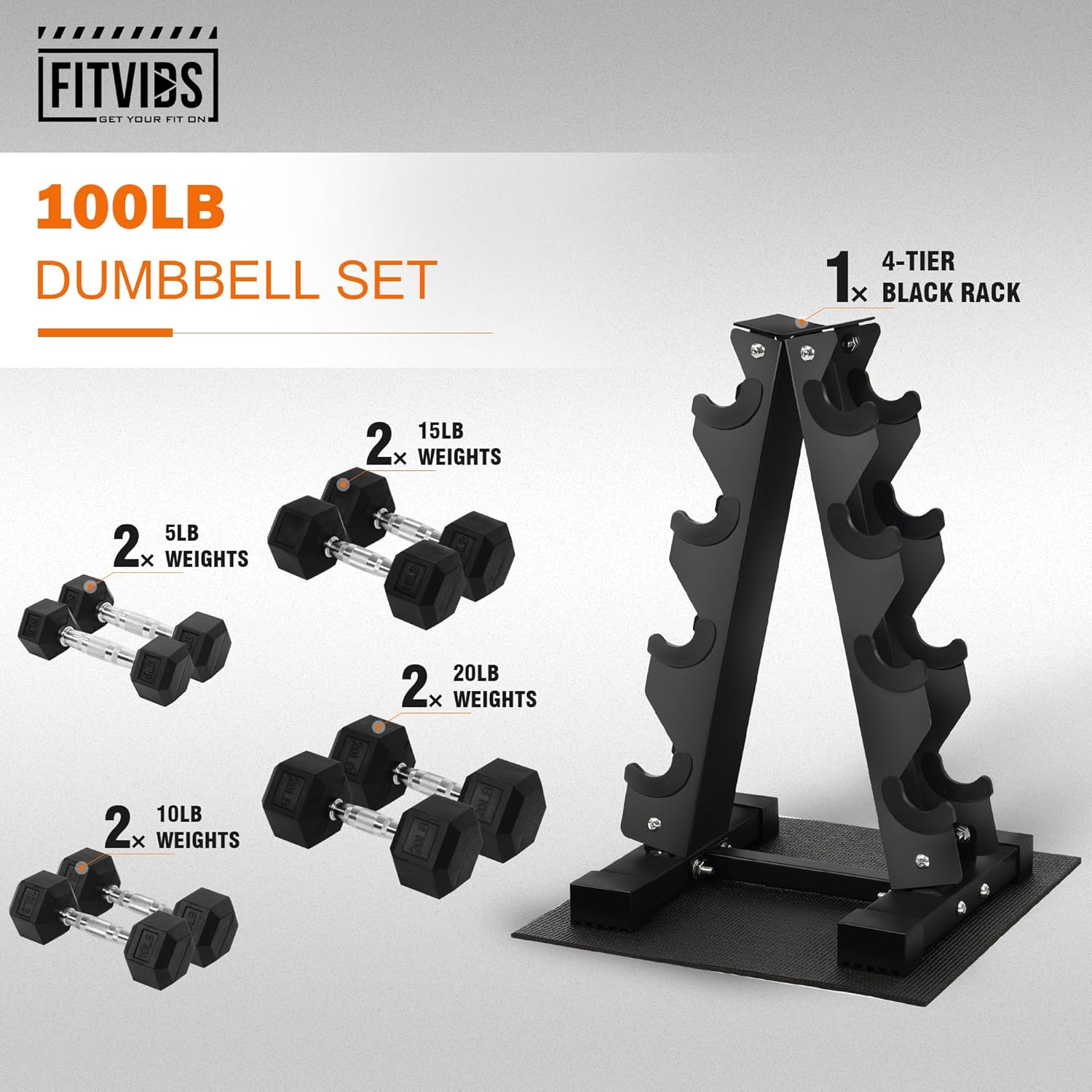 Fitvids Rubber Encased Hex Dumbbell Set with Rack, 5-20LB or 5-25LB Hand Weights with Anti-Slip Grip for Exercise & Fitness, Dumbbell Weights Set for Home Gym, 100LB or 150LB Set Options