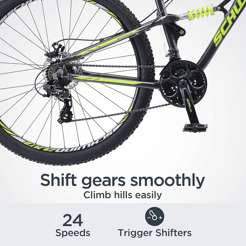 Schwinn Traxion Mountain Bike for Adult Men Women, 29-Inch Wheels, Full Suspension, 24-Speed Shimano Drivetrain, Trigger Shifter, 18-Inch Aluminum Frame, Mechanical Disc Brake, Matte Grey/Neon Green