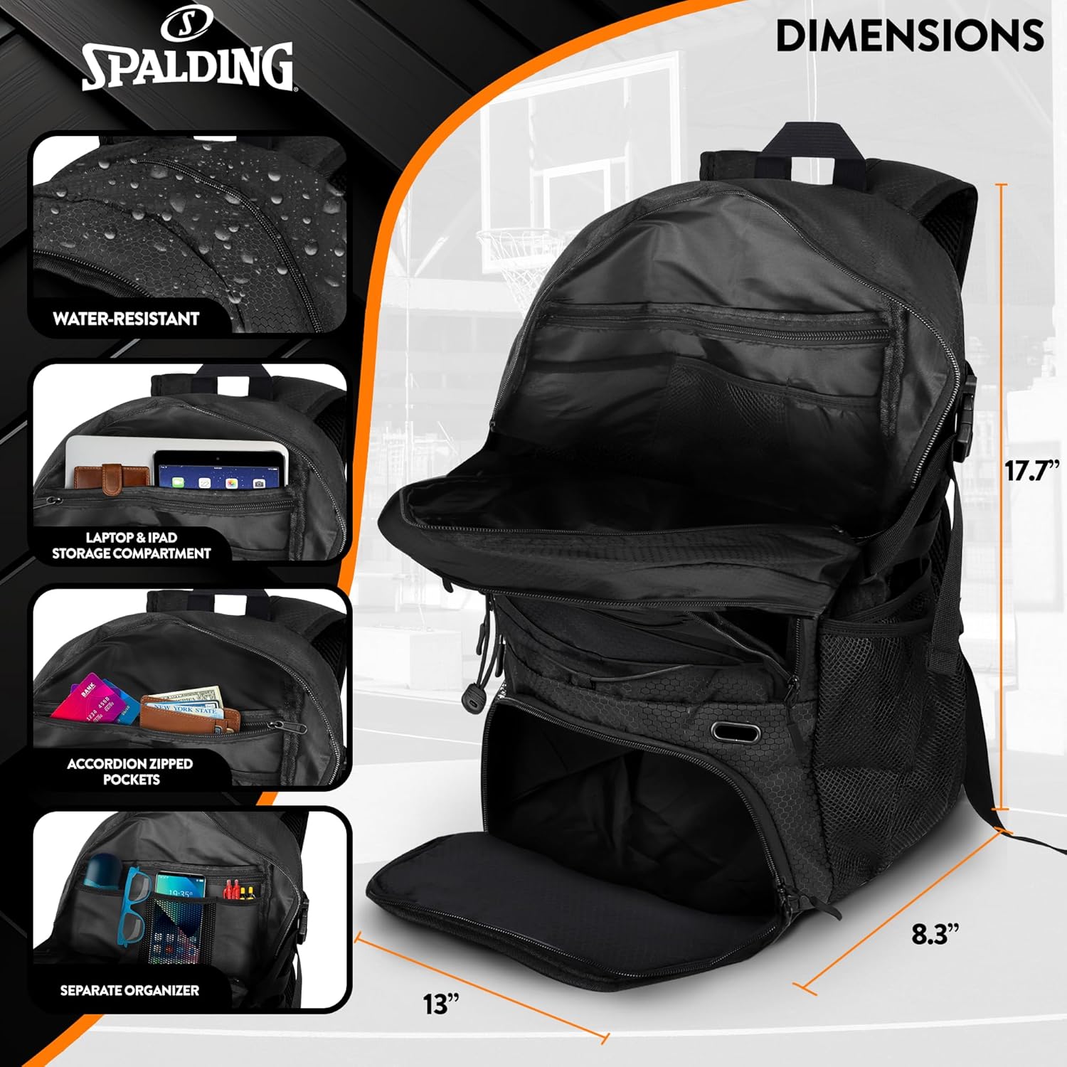 Spalding Basketball Backpack - Black Sports Bag with Ball & Shoe Compartment, Basketball Accessories Bag