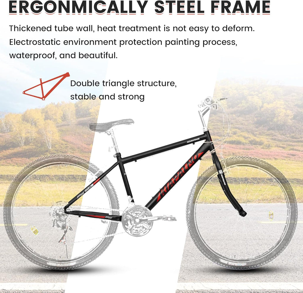 Ecarpat 24/26/27.5 Inch Mountain Bike, Dual/Front Suspension Mens Mountain Bike with 21 Speeds High-Carbon Steel Frame and Disc/V Brakes, Adult Sport Bicycle for Trail Snow Commuter City Road