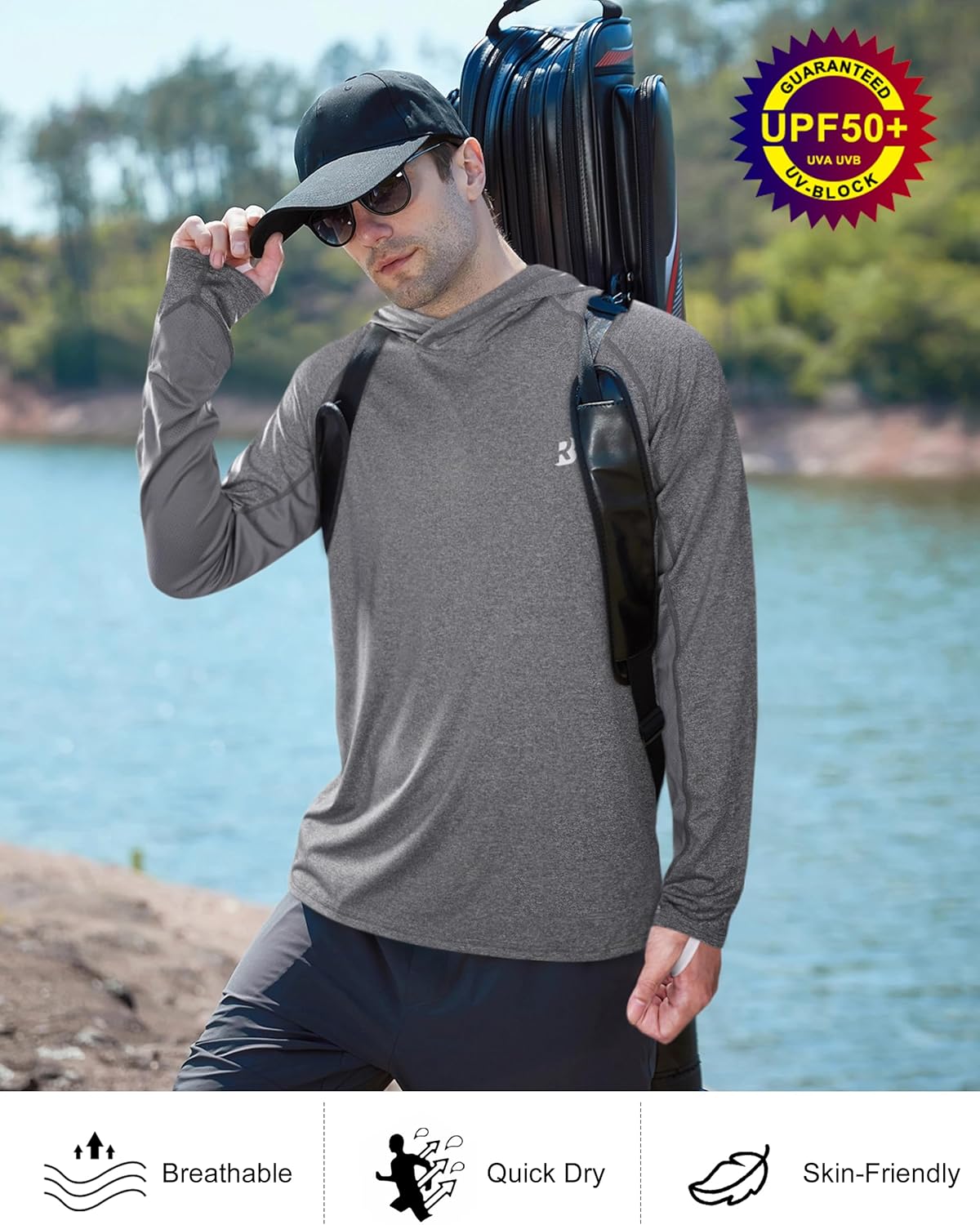 Roadbox Mens UPF 50+ Fishing Shirts, Long Sleeve UV Sun Hoodie, Hiking Running Swim Athletic Workout Shirt