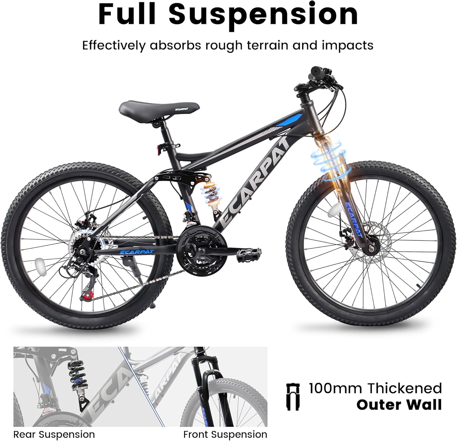 Ecarpat 24/26/27.5 Inch Mountain Bike, Dual/Front Suspension Mens Mountain Bike with 21 Speeds High-Carbon Steel Frame and Disc/V Brakes, Adult Sport Bicycle for Trail Snow Commuter City Road