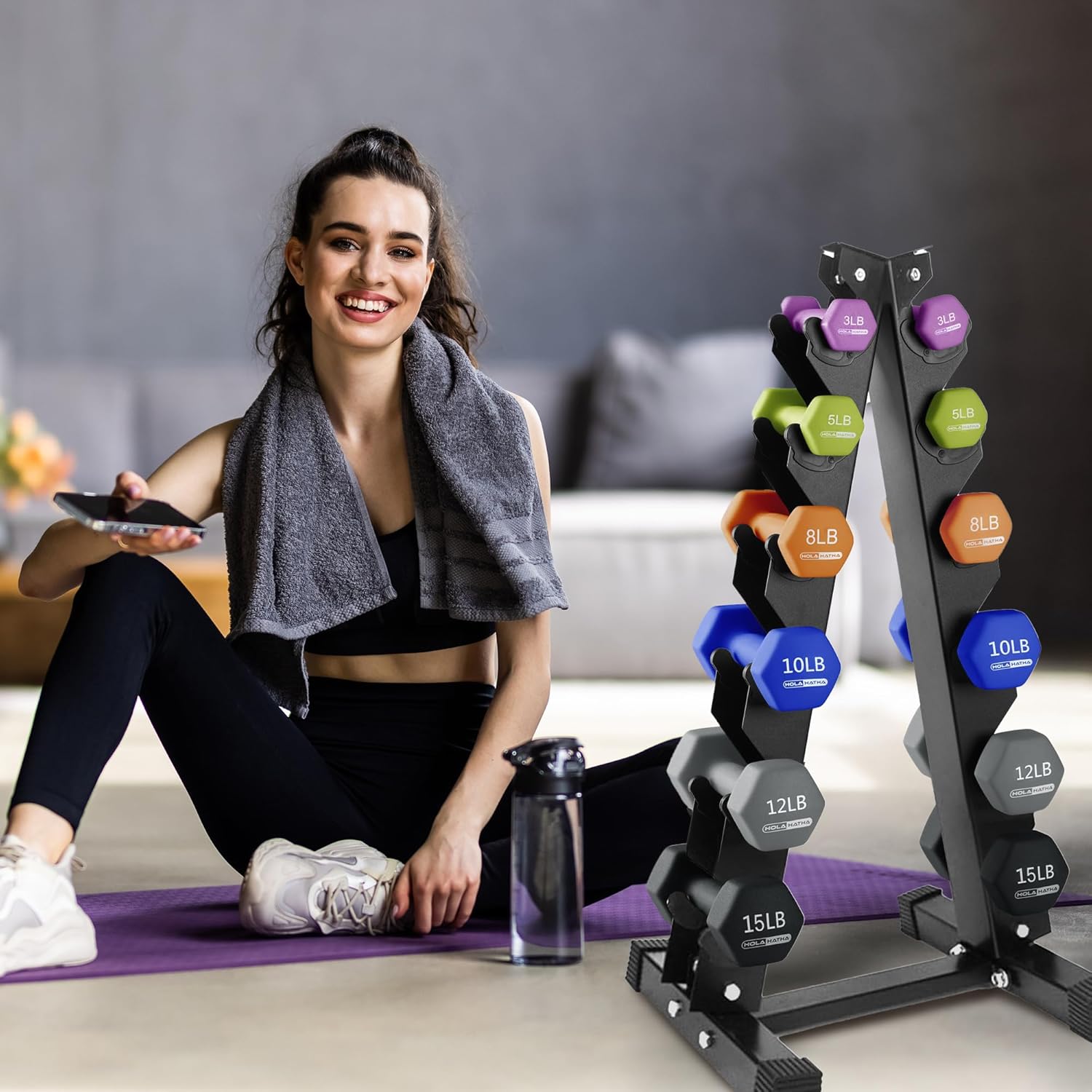 HolaHatha Neoprene Dumbbell Free Hand Weight Set with Rack, Ideal for Home Exercises to Gain Tone and Definition