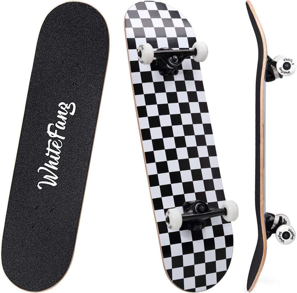 WhiteFang Skateboards for Beginners, Complete Skateboard 31 x 7.88, 7 Layer Canadian Maple Double Kick Concave Standard and Tricks Skateboards for Kids and Beginners