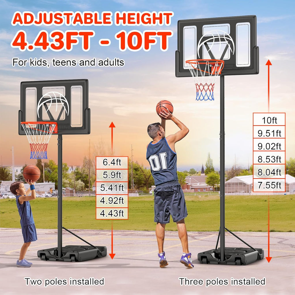 Basketball Hoop Outdoor 10ft Adjustable, Portable Basketball Hoop Goal System for Kids Youth and Adults in Backyard/Driveway/Indoor, 44 Inch Shatterproof Backboard and Larger Base