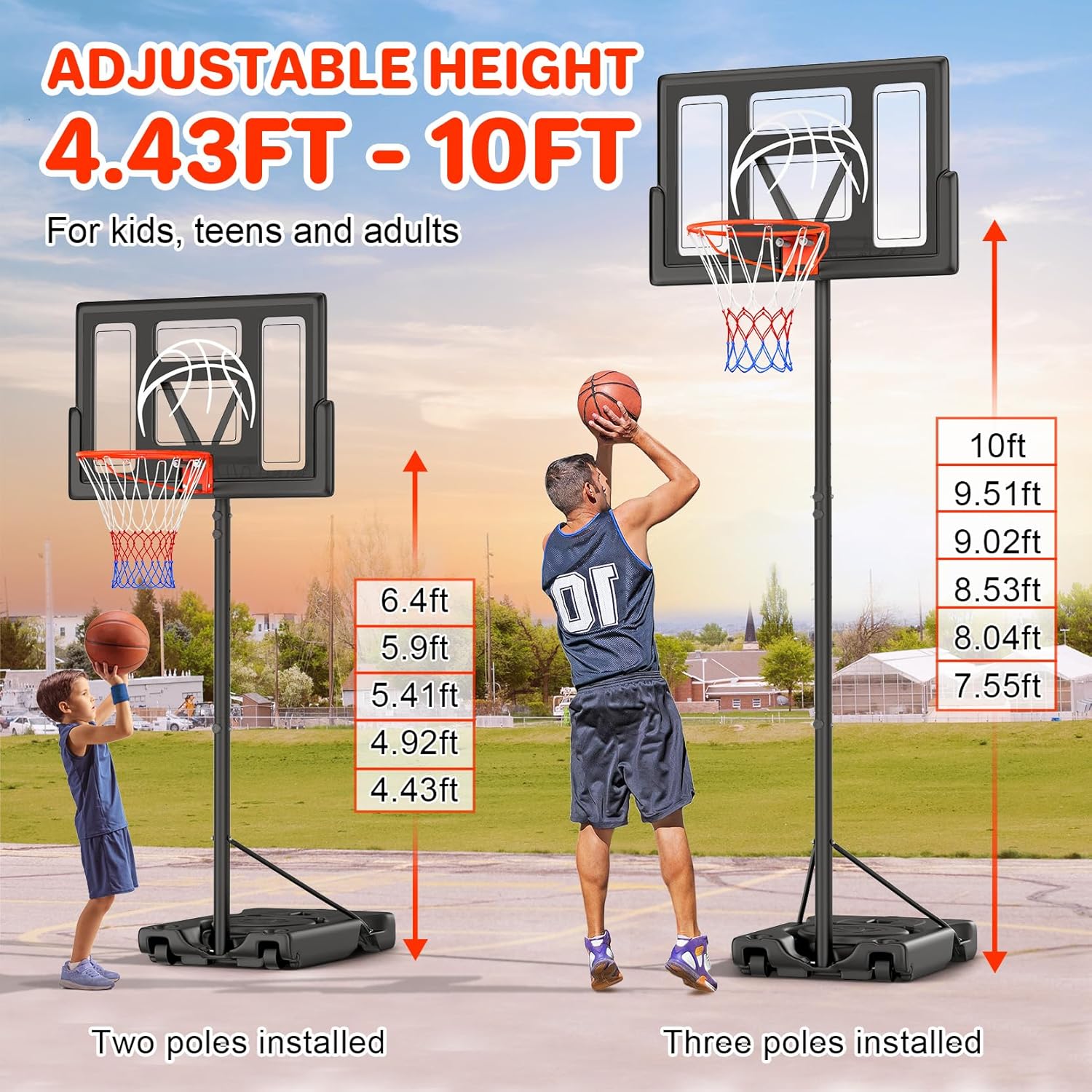 Basketball Hoop Outdoor 10ft Adjustable, Portable Basketball Hoop Goal System for Kids Youth and Adults in Backyard/Driveway/Indoor, 44 Inch Shatterproof Backboard and Larger Base