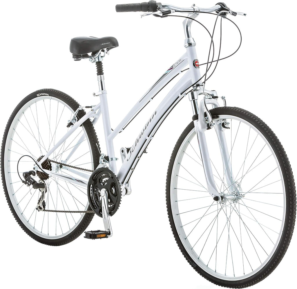 Schwinn Network 1 Hybrid Bike, 700c Mens and Womens Bike, 21-Speed Hybrid Bicycle, Aluminum Frame, Suspension Fork, Alloy Linear Pull Brakes, Adult Bicycle