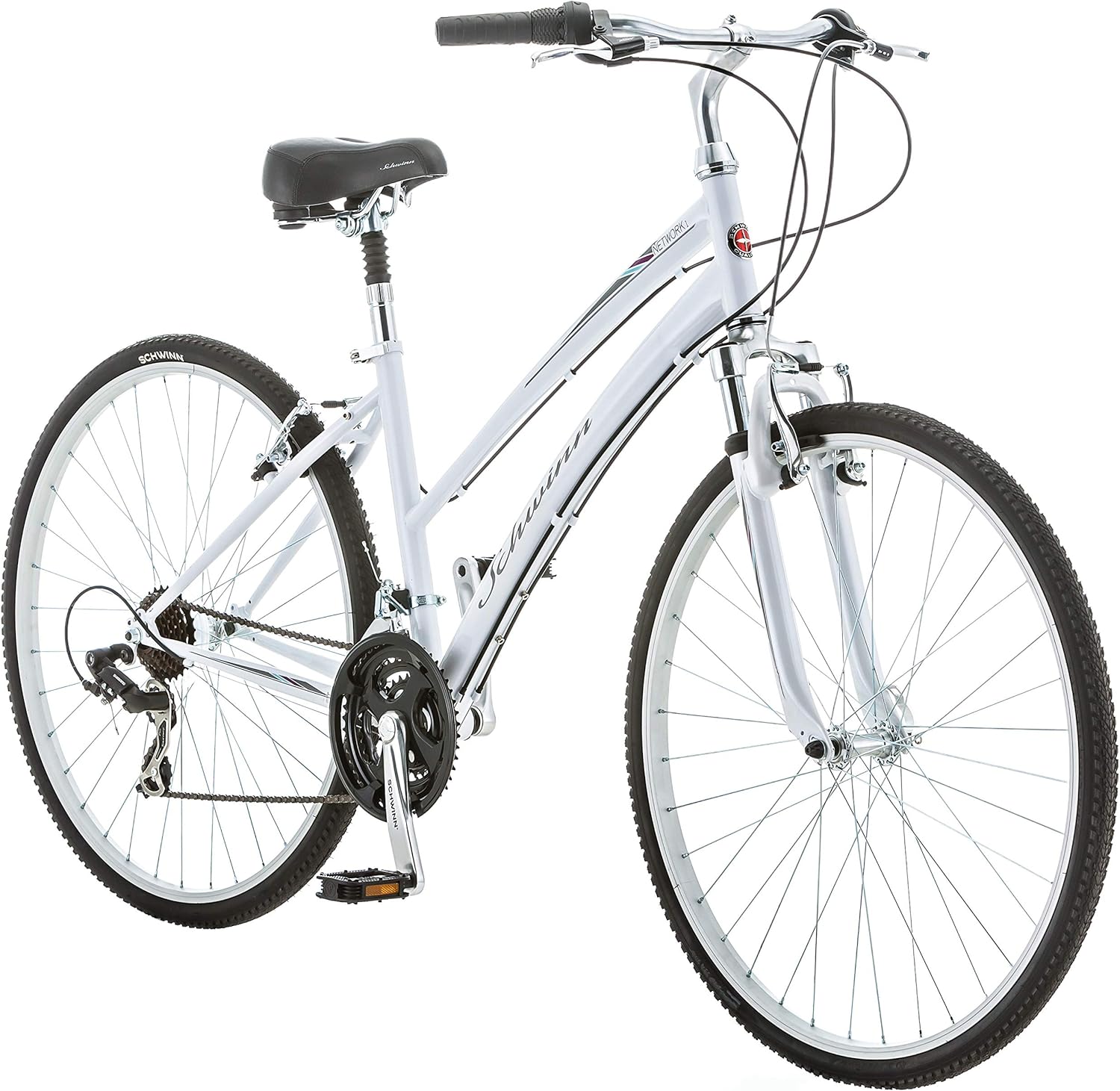 Schwinn Network 1 Hybrid Bike, 700c Mens and Womens Bike, 21-Speed Hybrid Bicycle, Aluminum Frame, Suspension Fork, Alloy Linear Pull Brakes, Adult Bicycle