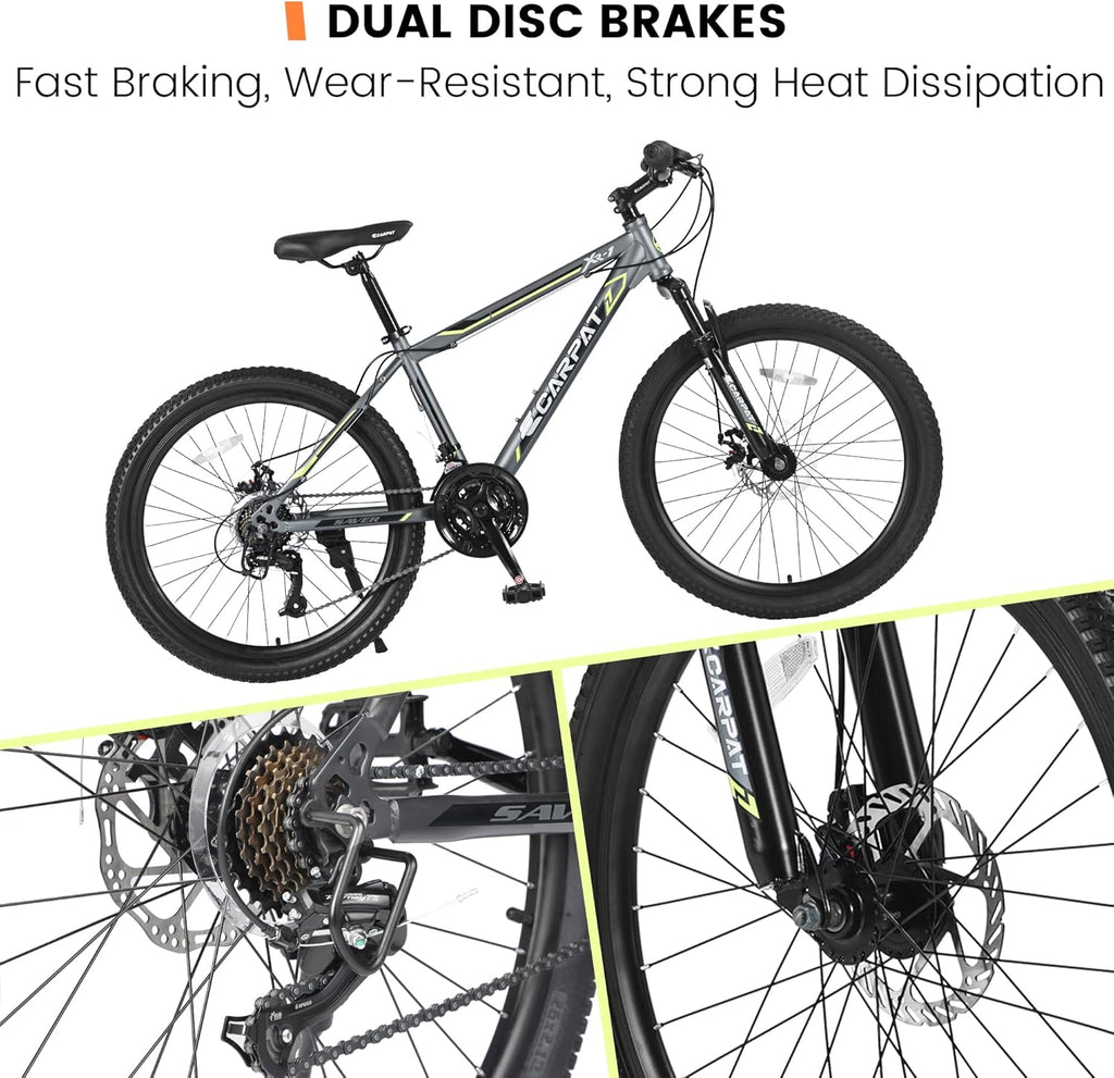 Ecarpat 24/26/27.5 Inch Mountain Bike, Dual/Front Suspension Mens Mountain Bike with 21 Speeds High-Carbon Steel Frame and Disc/V Brakes, Adult Sport Bicycle for Trail Snow Commuter City Road