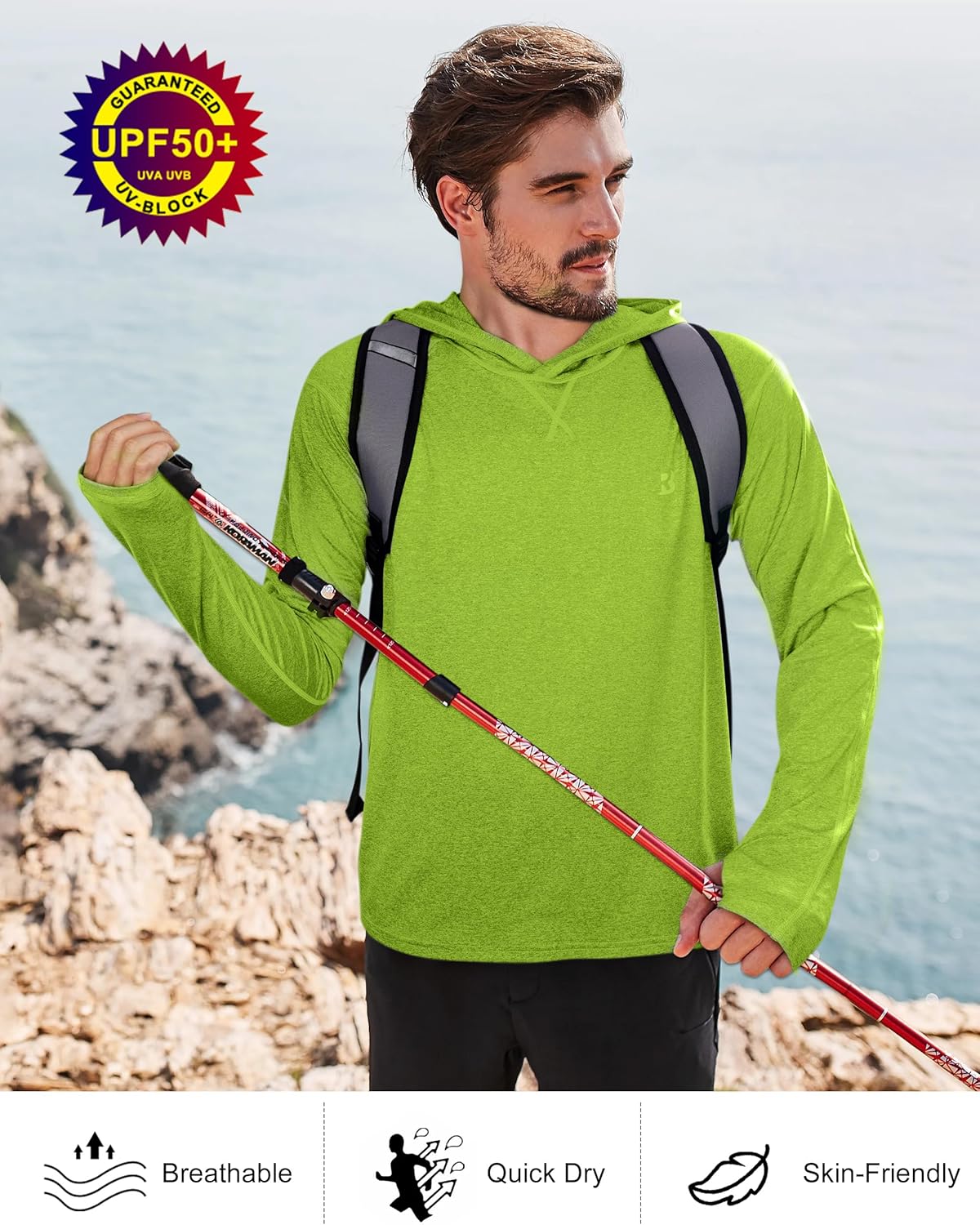 Roadbox Mens UPF 50+ Fishing Shirts, Long Sleeve UV Sun Hoodie, Hiking Running Swim Athletic Workout Shirt