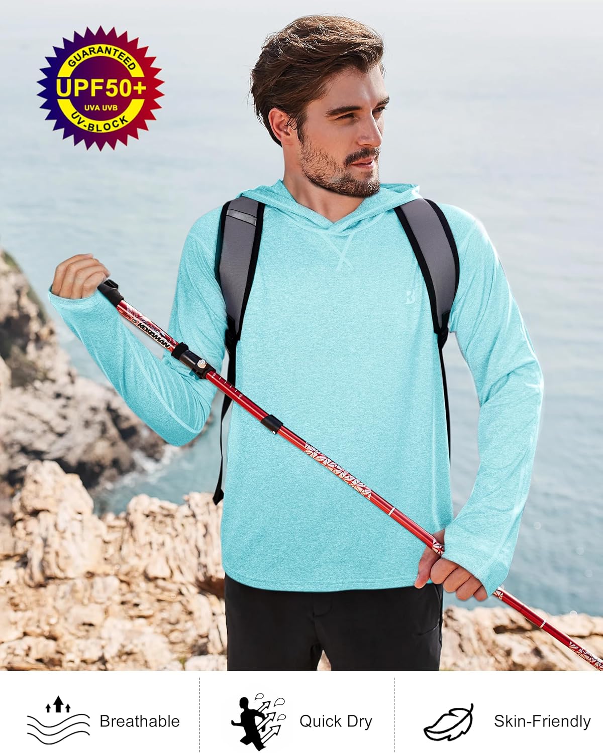 Roadbox Mens UPF 50+ Fishing Shirts, Long Sleeve UV Sun Hoodie, Hiking Running Swim Athletic Workout Shirt