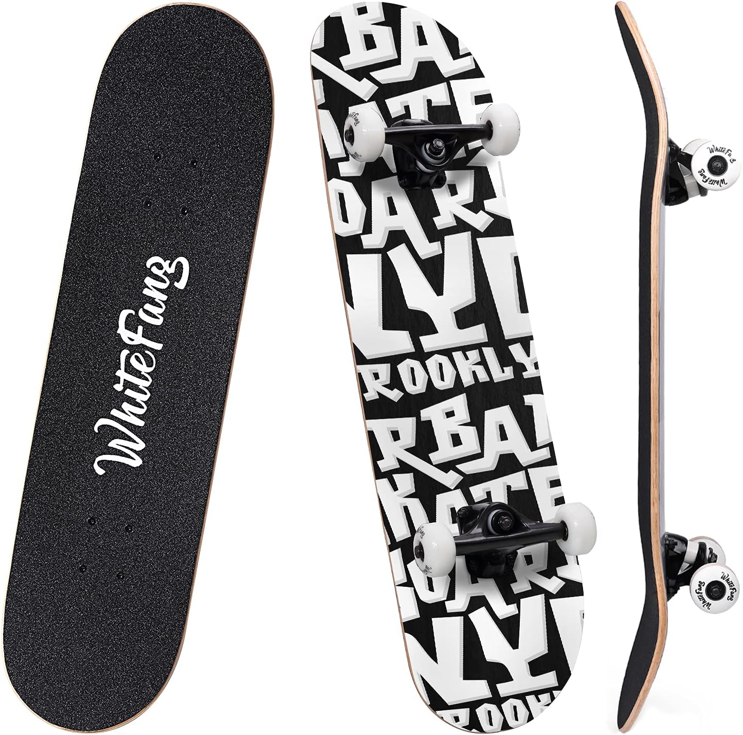 WhiteFang Skateboards for Beginners, Complete Skateboard 31 x 7.88, 7 Layer Canadian Maple Double Kick Concave Standard and Tricks Skateboards for Kids and Beginners