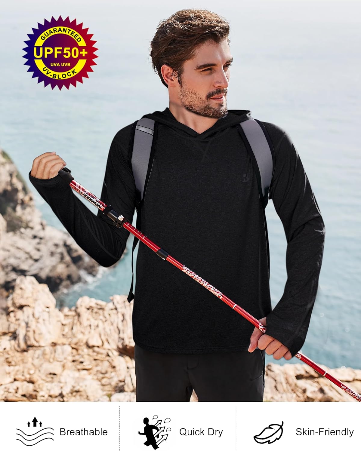 Roadbox Mens UPF 50+ Fishing Shirts, Long Sleeve UV Sun Hoodie, Hiking Running Swim Athletic Workout Shirt